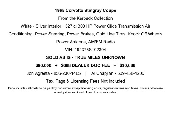 Used 1965 Chevy Corvette Stingray Coupe from the Kerbeck Collection for sale $90,000 at F.C. Kerbeck Lamborghini Palmyra N.J. in Palmyra NJ 08065 3